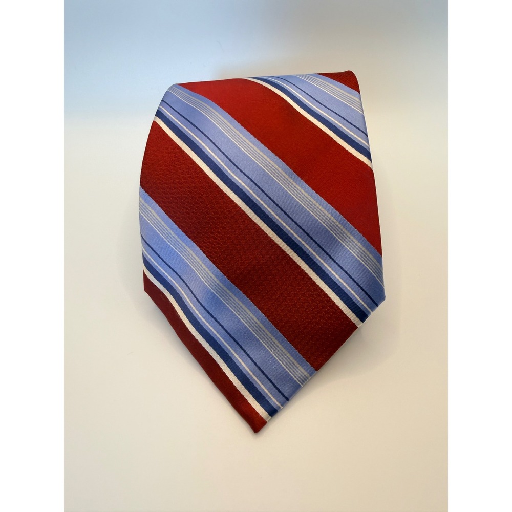 Burma Bibas Mens Silk Necktie Red Blue White Diagonal Striped Formal Tie